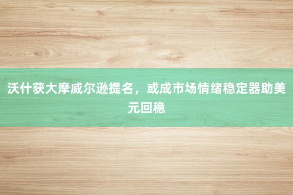 沃什获大摩威尔逊提名，或成市场情绪稳定器助美元回稳
